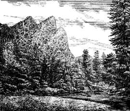 The Three Brothers, an original pen and ink by Lafayette Bunnell during his exploration of the Yosemite Valley.