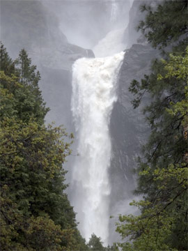 Lower Yosemite Falls During 2005 Flood. Photo courtesy National Park Service.