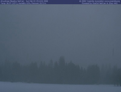 Photo: Whiteout conditions in Yosemite Valley. Photo via Yosemite Association Webcam. Photo: Whiteout conditions in Yosemite Valley. Photo via Yosemite Association Webcam.